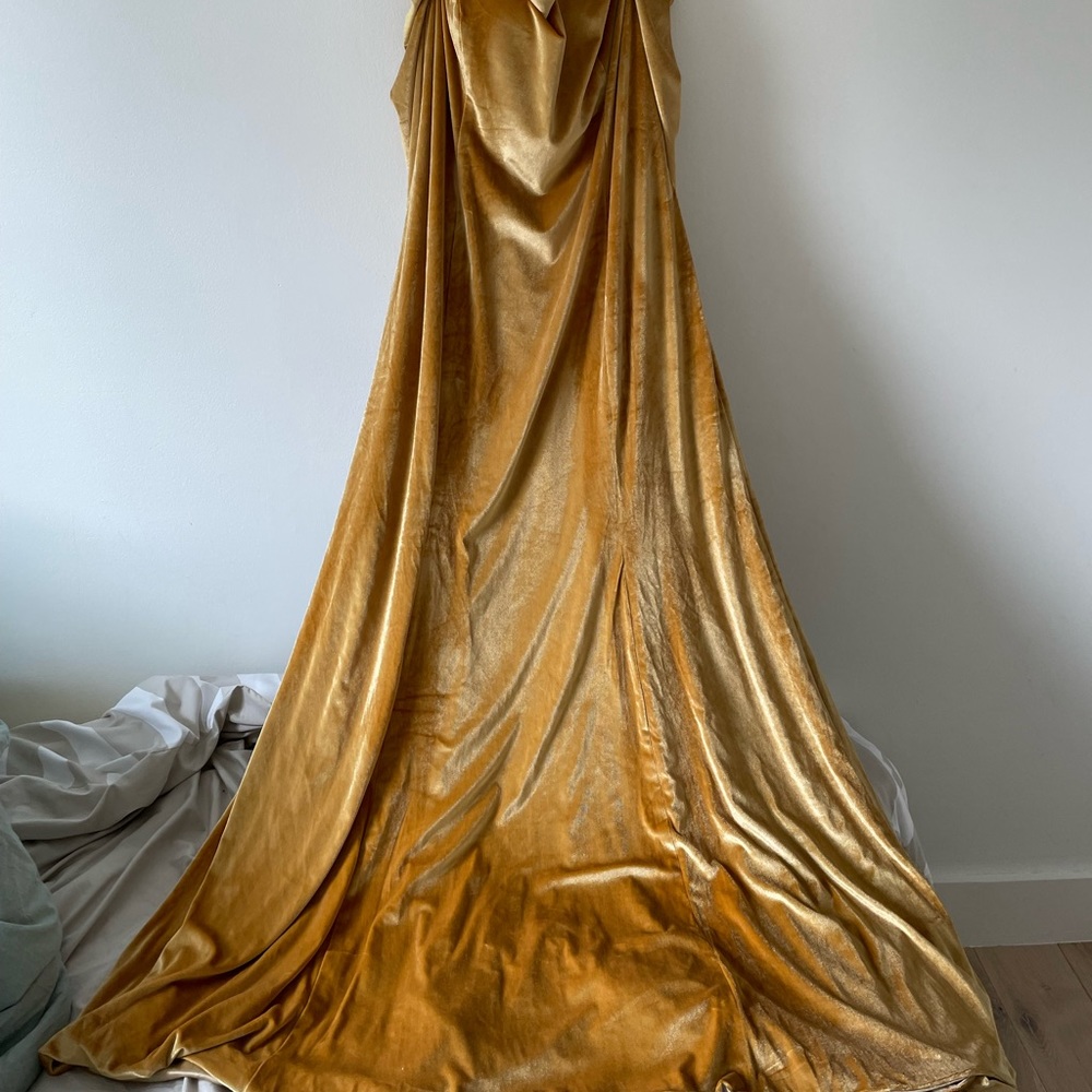 NWT Formal Dress oyisha special occasion maxi velvet mustard dress off shoulder - Picture 13 of 16